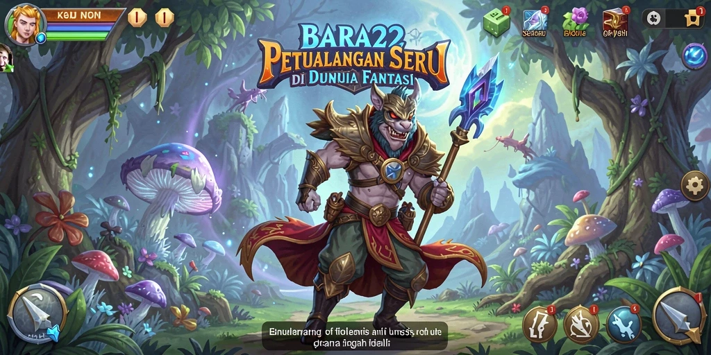 Screenshot utama BARA22 menunjukkan pemain bertarung melawan monster di hutan.