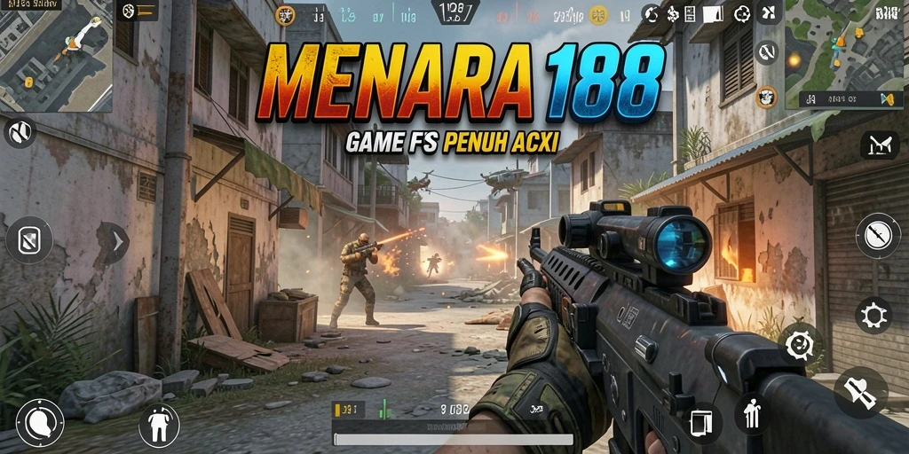 Screenshot MENARA188 menunjukkan aksi pertempuran FPS yang intens.