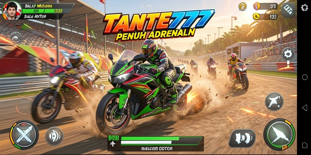 Tangkapan layar gameplay TANTE777 dengan balapan motor yang mendebarkan.